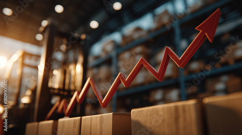 Warehouse Growth: An upward trending red arrow floats dynamically above neatly stacked packages within a bustling warehouse, showcasing business expansion and success.
