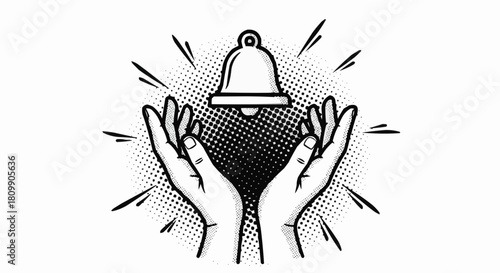 Hands Presenting a Ringing Bell with Halftone and Rays.