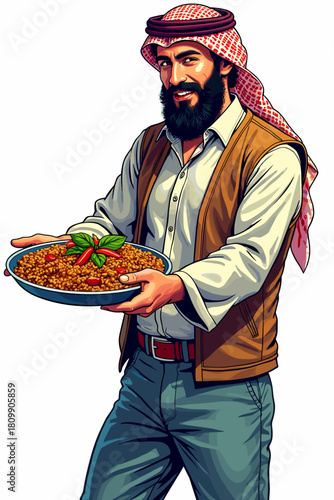 Middle Eastern man serving traditional dish on plate with garnish