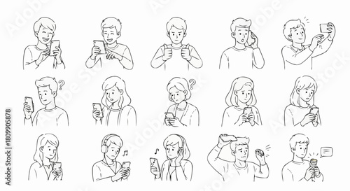 People using smartphones for various activities in a sketch art style.