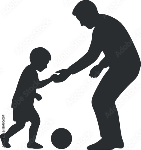 Silhouette vector illustration of a father playing soccer with his son, showcasing family bonding and outdoor fun