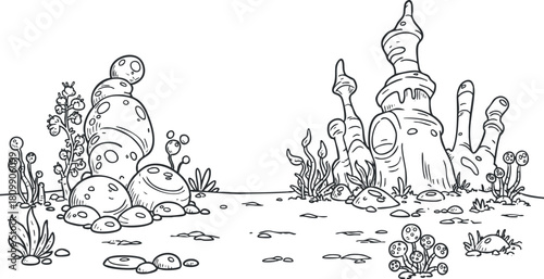 Whimsical black and white outline illustration of a fantasy landscape featuring unique rocks and diverse plants for creative projects