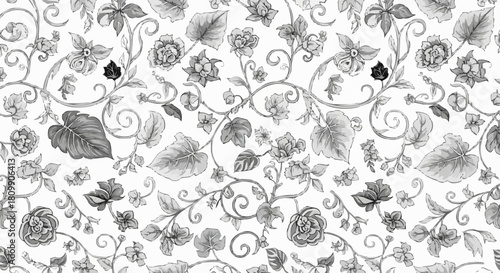 Floral Pattern with Roses and Leaves in Black and White.