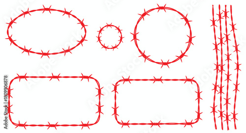 Set of vector illustrations featuring red barbed wire elements in various shapes, perfect for design and security concepts