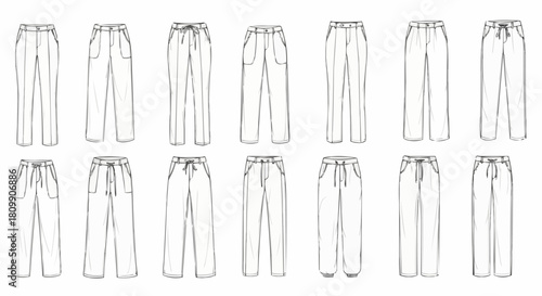 Set of fourteen different pants and trousers technical fashion flat sketches.