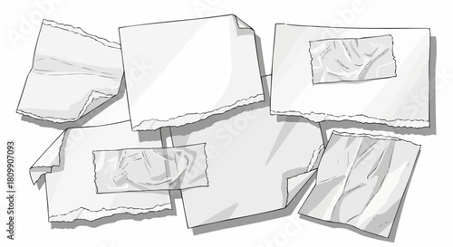 Collection of crumpled and torn white papers scattered on surface.
