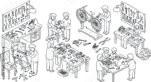 Detailed vector illustration of a workshop scene featuring craftsmen repairing furniture and bicycles, ideal for DIY and handyman concepts.