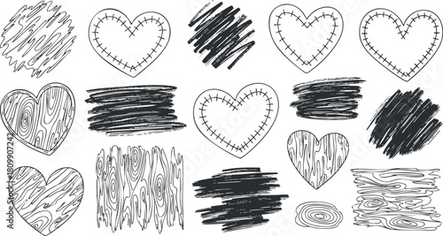 Hand-drawn vector collection of heart shapes and textured elements for creative design projects and crafts