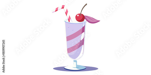 Aesthetic milkshake with cherry and striped straw in a tall glass on a white background scene is shown
