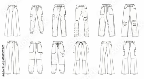Collection of Various Pants and Trousers Fashion Flat Sketches.