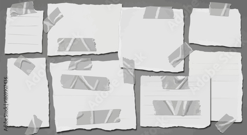 Collection of Torn Paper Pieces with Adhesive Tape.