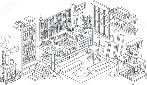 Detailed isometric vector illustration of a woodworking workshop featuring tools, shelves, and a cozy atmosphere for crafting projects