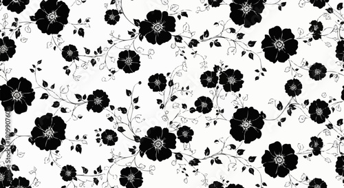 Elegant Black and White Floral Pattern with Delicate Blossoms and Vines.