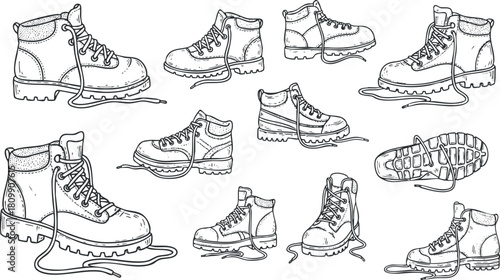 Hand-drawn vector illustration of various styles of boots showcasing different angles and lacing techniques for fashion and outdoor design projects