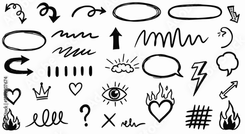 Comprehensive set of hand-drawn vector doodle elements including arrows, speech bubbles, frames, and various sketch symbols for creative design projects