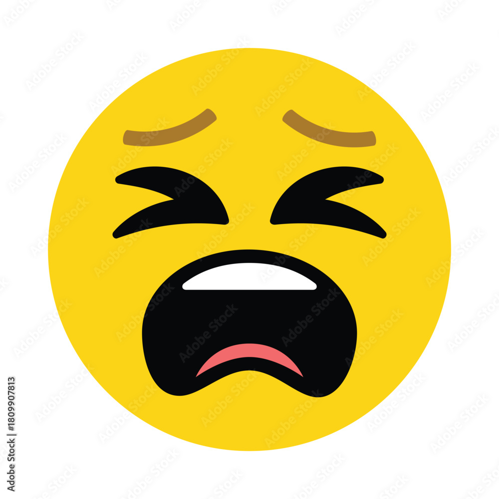 Fototapeta premium A yellow circular emoji with downturned eyebrows closed eyes and an open crying mouth expression