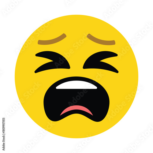 A yellow circular emoji with downturned eyebrows closed eyes and an open crying mouth expression