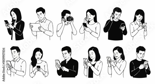 People using smartphones and tablets in various poses and interactions.