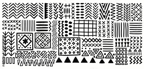Seamless Monochrome Tribal Patterns Set Diverse Geometric Shapes and Decorative Elements for Design and Creative Projects