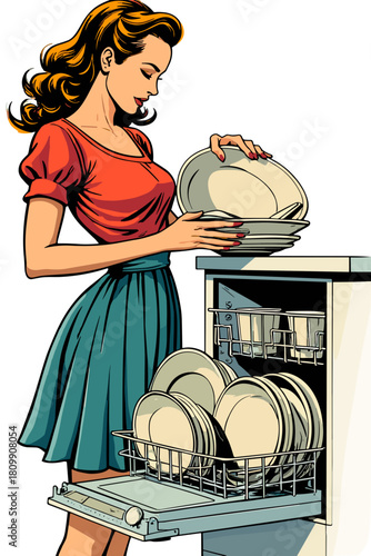 Woman stacking dishes into dishwasher in modern kitchen