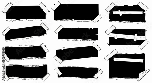 Collection of Hand Drawn Torn Paper Labels Taped to Surface.