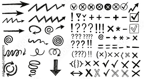 Collection of hand-drawn directional symbols, pointers, and verification marks in black and white, perfect for illustrating choices, navigation, or processes