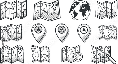 Outline vector illustration set of maps, location pins, and a globe for navigation and travel design projects