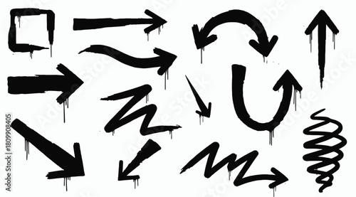 Vector pack of expressive street art arrows, boxes, and scribbles, all rendered with a raw, dripping paint or ink effect, conveying movement and urban style