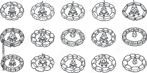 Outline vector illustration set of campfire and fire pit designs for outdoor and camping themes