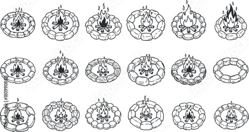 Black and white vector illustration set of campfire designs featuring various stone arrangements and flames for outdoor themes