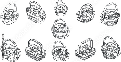 Outline vector illustration of various Easter egg baskets featuring different designs and arrangements for spring celebrations