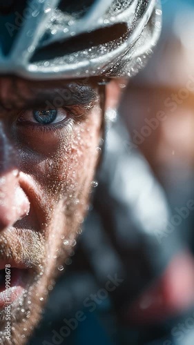 Extreme Close-up of Sweaty Cyclist's Face with Intense Blue Eye, Wearing Helmet After Strenuous Workout, Showcasing Determination and Physical Endurance