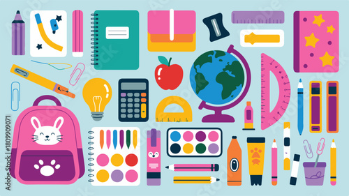 Colorful School Supplies And Stationery Collection