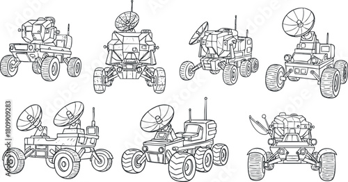 Outline vector illustration of futuristic vehicles with satellite dishes for technology and engineering concepts