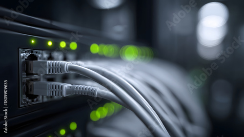 White network cables connected to data center rack with green lights