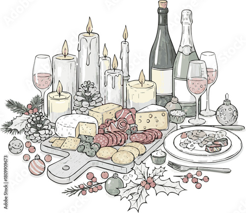 Hand drawn chalk vintage new year set. Whimsical Christmas dinner table decor candles, charcuterie, wine or champagne vector art with white background