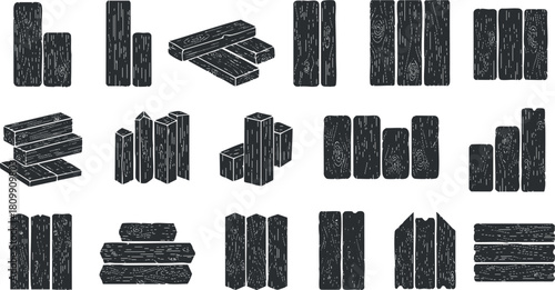 Collection of black and white vector illustrations of wooden planks and timber for design and construction projects