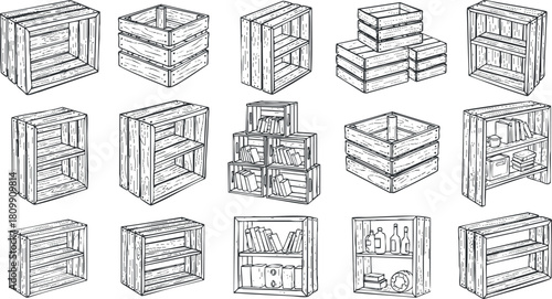 Hand-drawn vector illustration of wooden crates and shelves collection for home organization and interior design projects