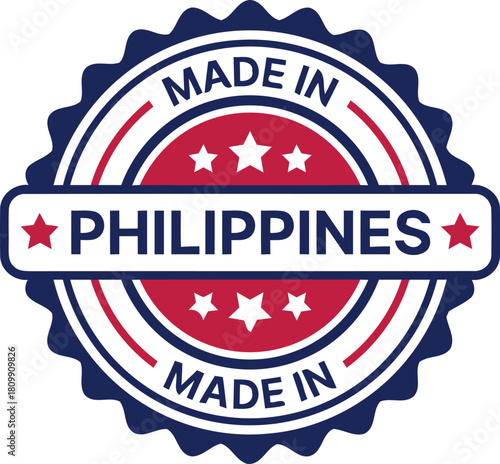 made in philippines, seal, stamp, badge, origin, country, product, certification, guarantee, label, sticker, graphic, icon, symbol, vector, blue, red, white, Philippines flag colors, stars, round, cir