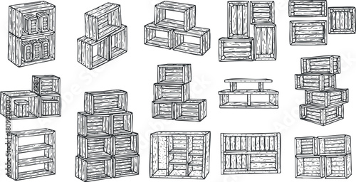 Hand-drawn vector illustration collection of wooden crates and boxes for storage, decoration, and design purposes