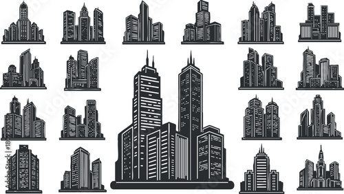 Stylish vector collection of skyscrapers and buildings in black and white, ideal for urban design and architecture projects