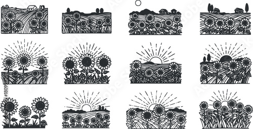 Collection of black and white vector illustrations featuring sunflowers and scenic landscapes for nature-themed design projects