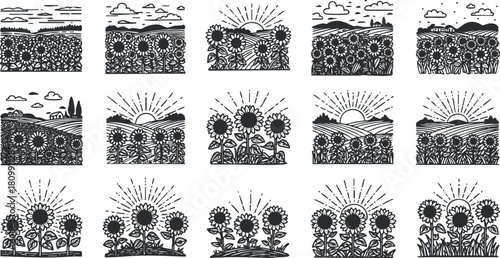 Hand-drawn black and white vector collection of sunflowers and landscapes featuring various scenes with sunrises and sunsets.
