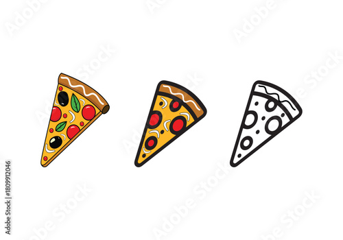 Tasty Pizza Slice collection of vector pepperoni Set, Cute Cartoon Fast Food Illustration 
with Bite Mark, pizza slices, and whole pizza isolated on a white background