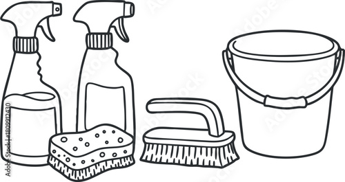 Outline vector illustration of cleaning supplies including spray bottles, a sponge, a brush, and a bucket for home hygiene projects