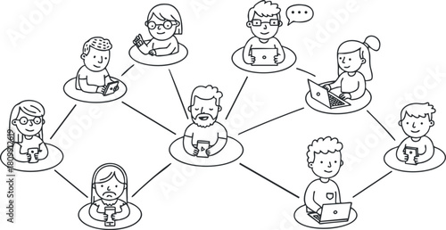 Outline vector illustration depicting a diverse group of people engaged in digital communication and collaboration using various devices.