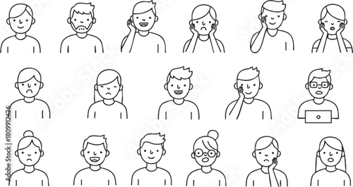 Line art vector illustration of diverse characters showing various emotions and expressions for communication and social interaction