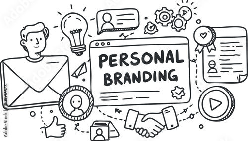 Hand-drawn vector illustration of personal branding concepts featuring icons like handshake, lightbulb, and communication symbols for marketing and design projects