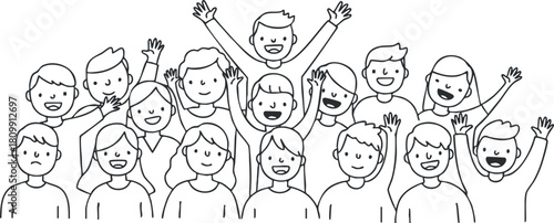 Cheerful line art illustration of a diverse group of happy people celebrating together, perfect for social and event-themed designs