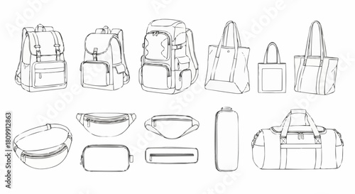 Collection of Hand-Drawn Bags and Backpacks in Line Art Style.